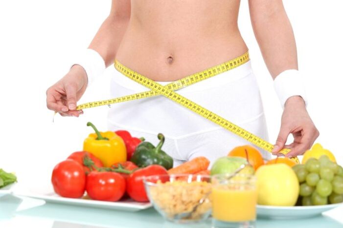 Girl measuring waist in grocery background